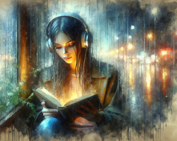 Woman Reading by Window with Rain and City Lights