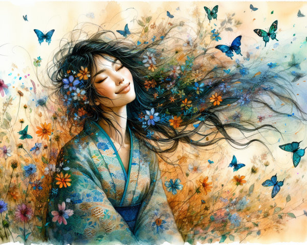 Young Woman in Kimono Surrounded by Flower Field