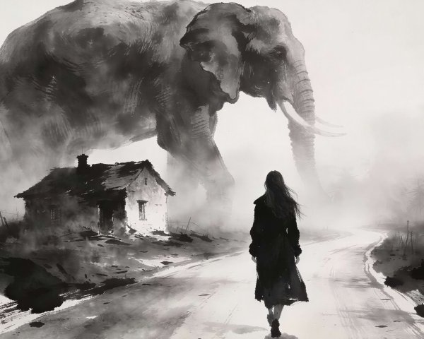 Black and white ink wash painting of a giant elephant