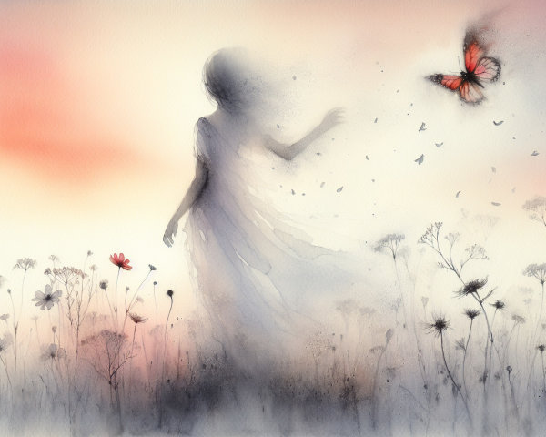 Whimsical Watercolor of Girl and Butterfly in Pastels