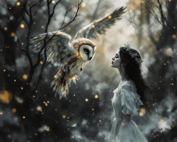 Mystical Forest Scene with Woman and Owl