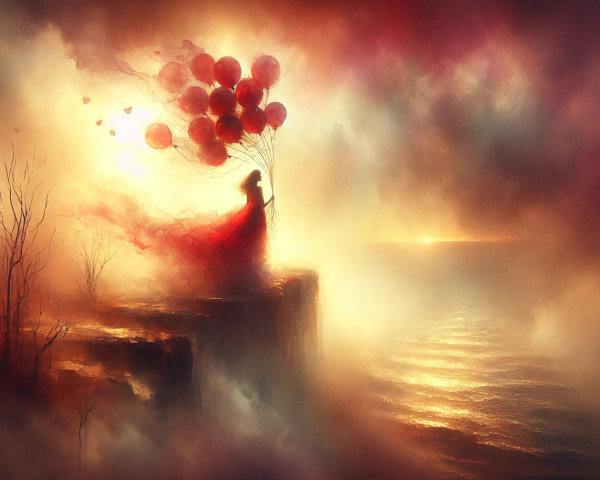 Solitary Figure in Red Dress with Balloons at Sunset