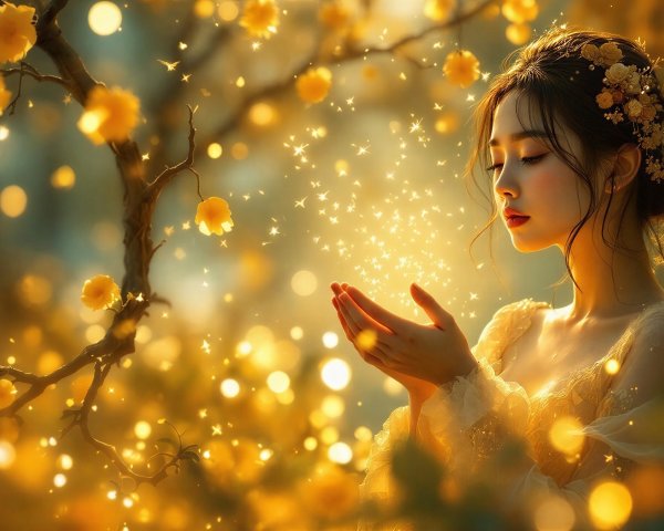 Young woman in golden landscape with ethereal flowers