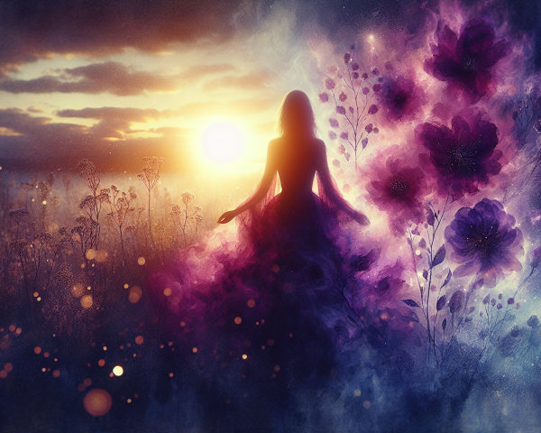 Silhouette of a woman in a vibrant sunset landscape