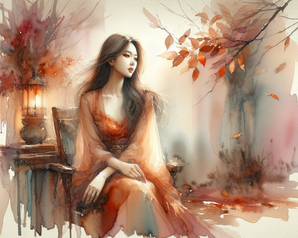 Young Woman in Elegant Gown Amid Autumn Scene