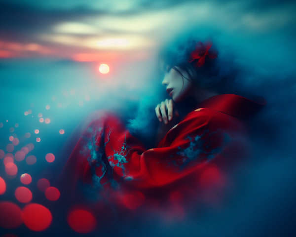 Serene figure in red kimono in misty landscape
