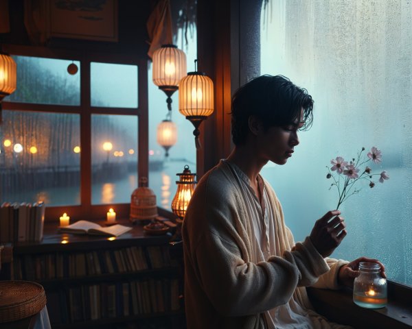 Cozy Room with Rainy Window and Candlelight Glow