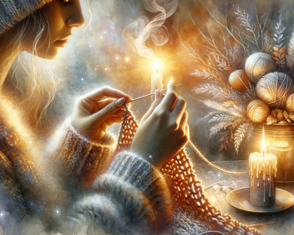 Woman Knitting by Candlelight in a Cozy Atmosphere