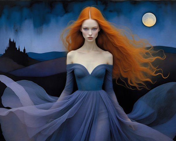 Woman with Bright Orange Hair in Navy Blue Gown