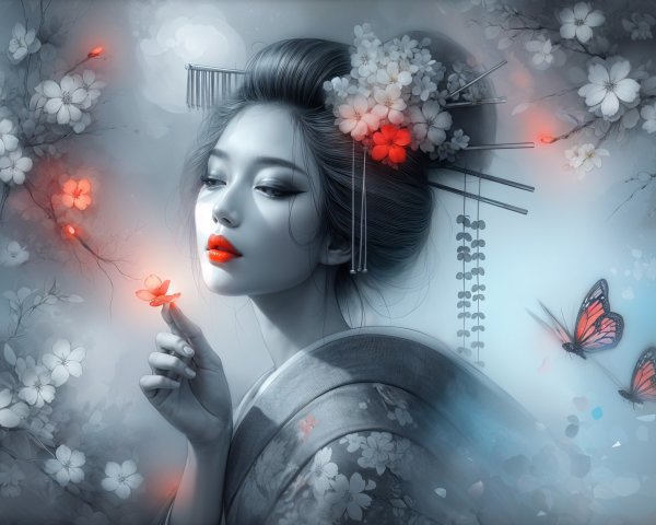 Traditional Attire Woman Amid Cherry Blossoms and Butterflies