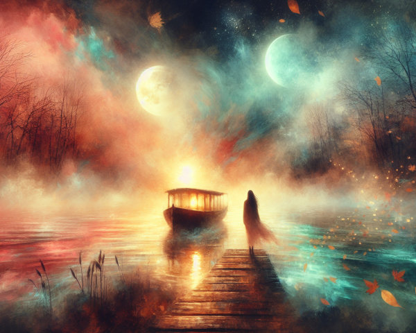 Serene Dusk Scene with Moons and Calm Lake Reflections