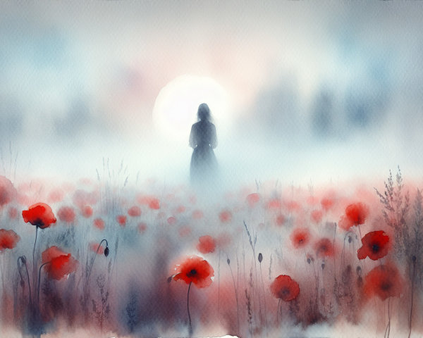 Solitary Figure in Vibrant Poppy Field Landscape