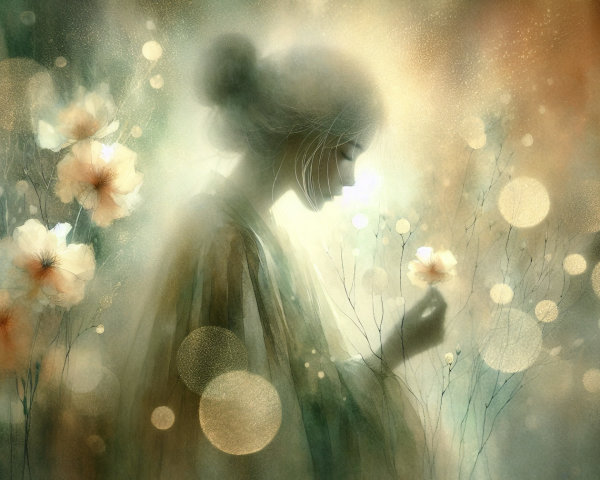Silhouette of a woman with a flower in a dreamlike setting