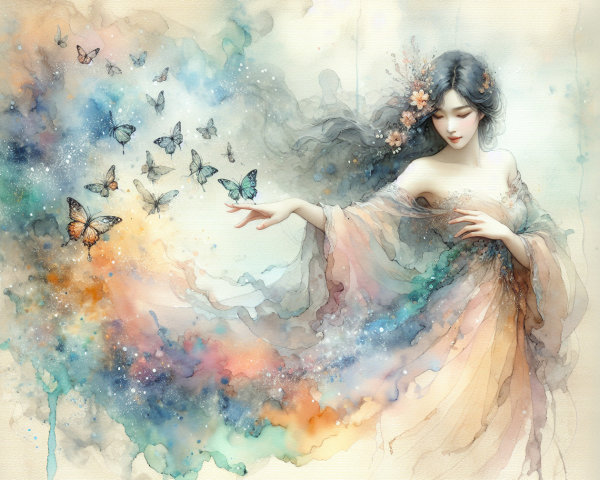 Ethereal Figure Surrounded by Colorful Butterflies