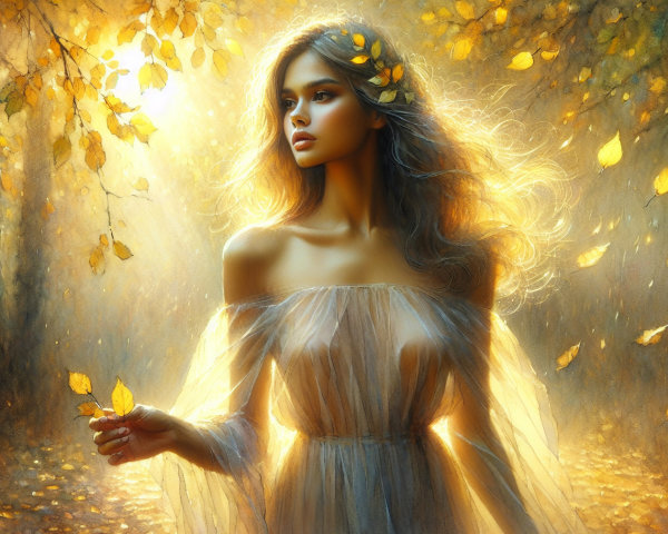 Young woman in a magical forest with autumn leaves