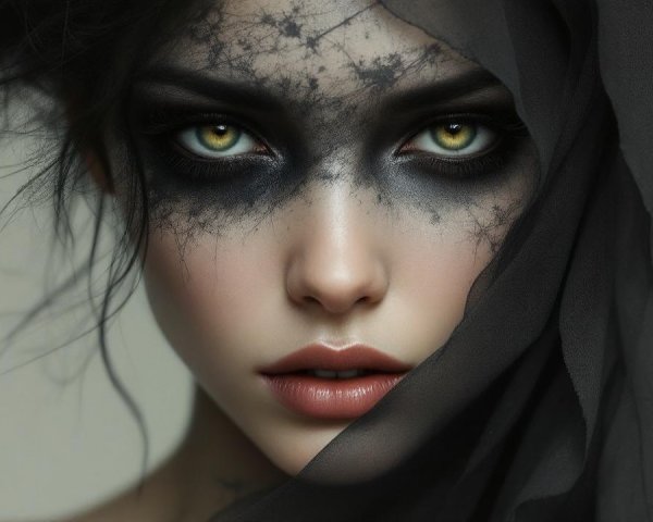 Portrait of a woman with green eyes and dramatic makeup