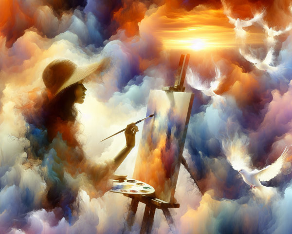 Silhouette of a Woman Painting at Sunset with Clouds