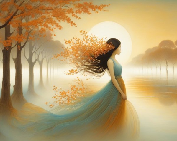 Woman by Tranquil Lake in Autumn Landscape