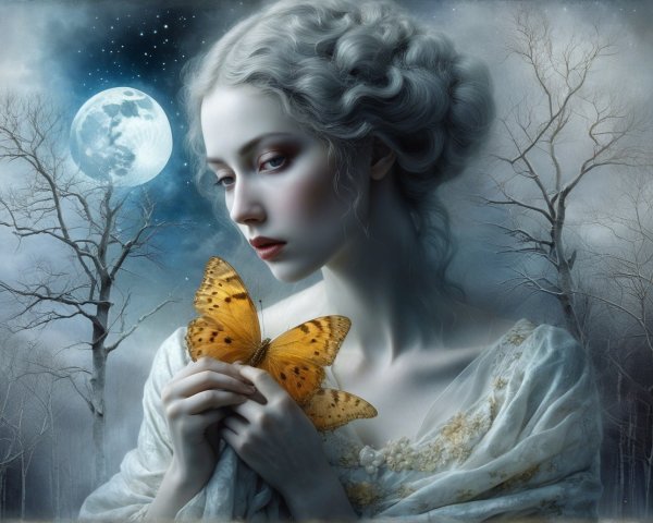 Serene Woman with Silver Hair and Orange Butterfly