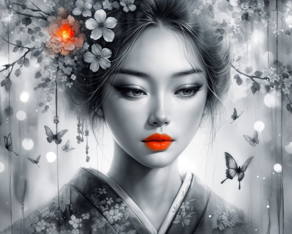 Monochrome Portrait of Woman with Flowers and Butterflies