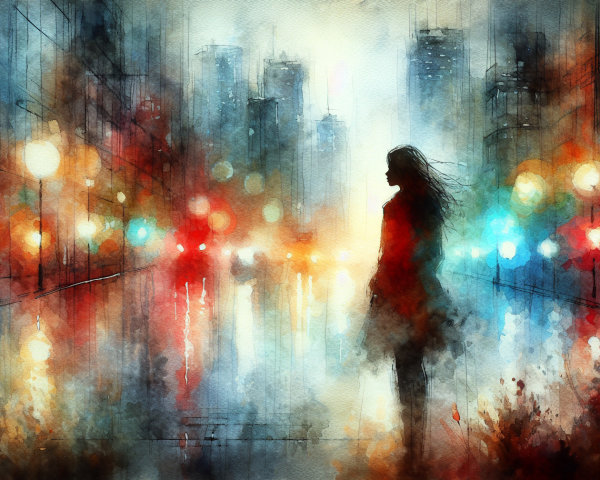 Abstract Watercolor of Solitary Figure in Cityscape