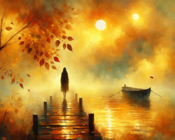 Serene Landscape with Misty Pier and Autumn Leaves