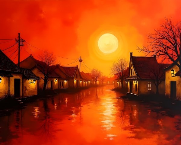 Serene Village at Dusk with Reflective Waterway