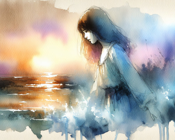 Dreamy Watercolor of Woman by Ocean at Sunset
