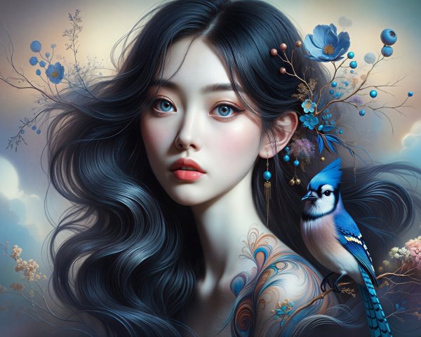 Serene Woman with Floral Designs and Blue Jay