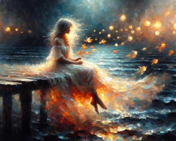 Woman in Ethereal Dress by Shimmering Water at Dusk