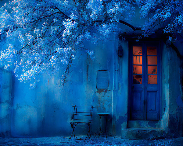 Moonlit Scene with Weathered Door and Blooming Tree