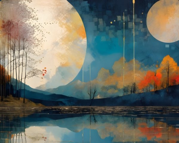 Serene landscape with lake, trees, and dual moons