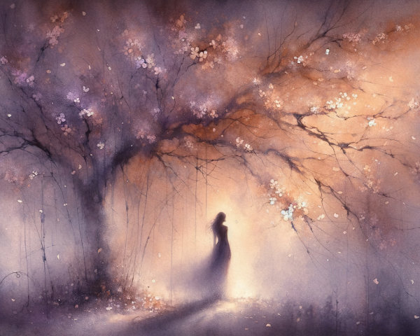 Dreamlike Landscape with Tree and Woman in Mist