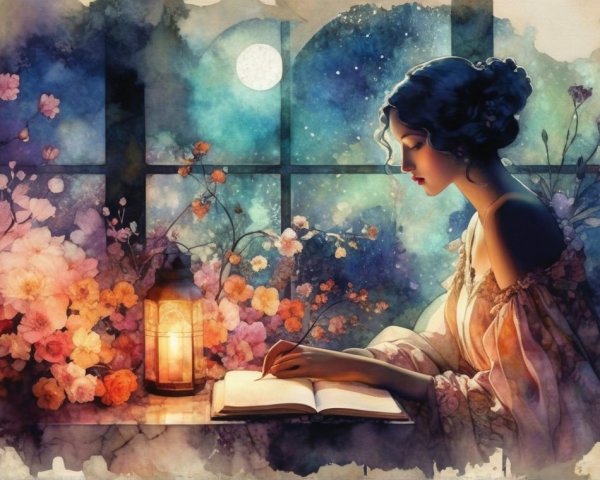 Moonlit Woman Writing by Window with Flowers and Stars