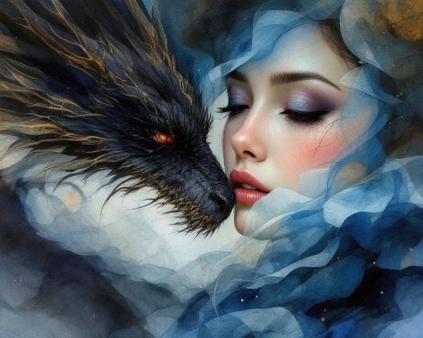 Fantasy Artwork of Woman and Black Dragon Connection