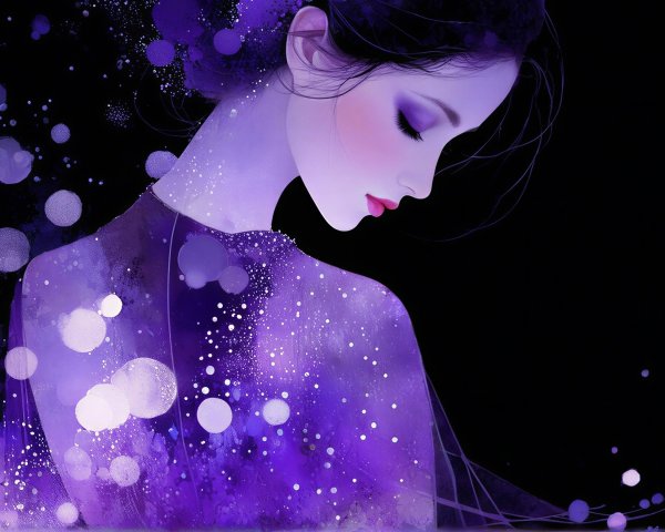 Profile of a woman in flowing purple hues against black