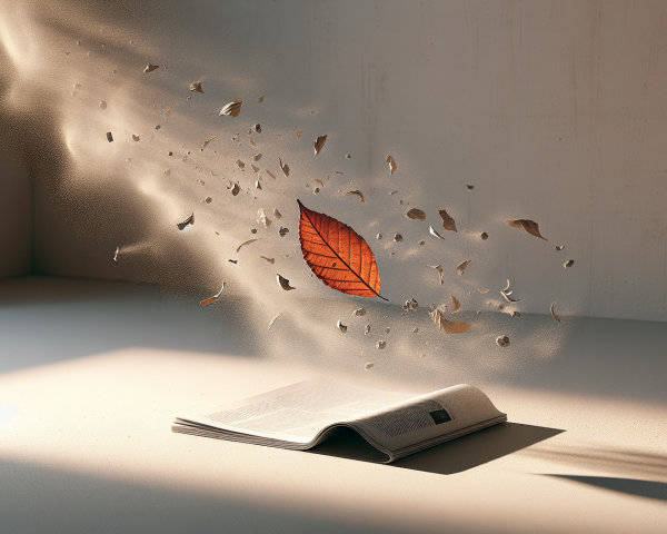 Open Book with Red Leaf and Dried Leaves Surrounding