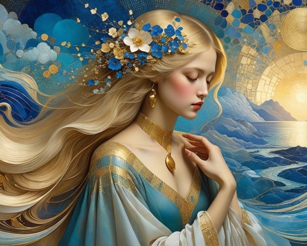 Serene Woman in Elegant Blue and Gold Landscape