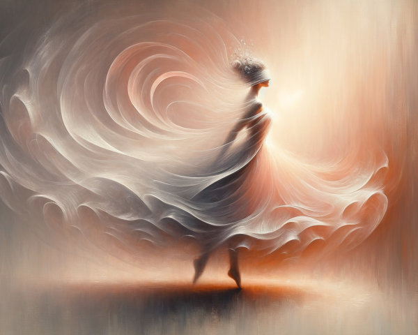 Ethereal Dancer in Flowing Dress with Warm Background