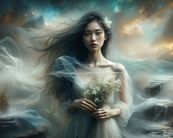 Ethereal figure in a surreal dreamlike landscape