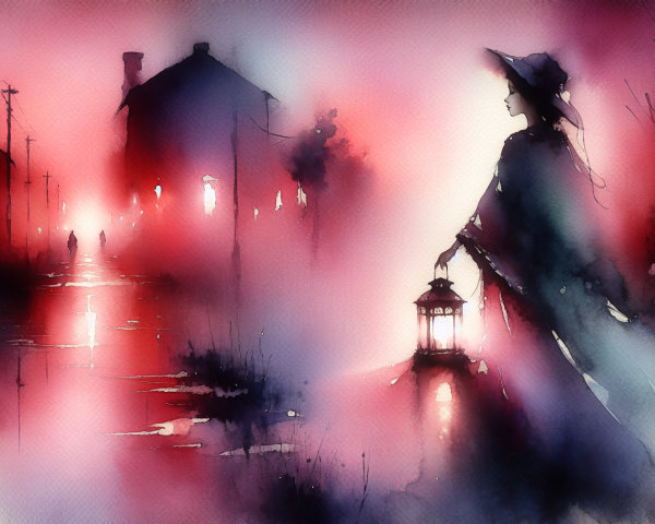 Dreamy Watercolor Scene with Cloaked Figure and Lantern