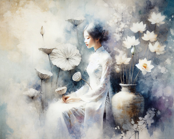 Young Woman in Traditional Attire Among Lotus Flowers