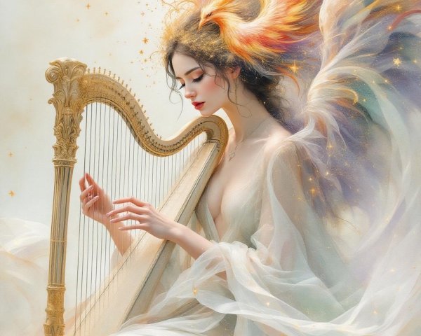 Elegant Woman Playing Harp in Dreamlike Setting