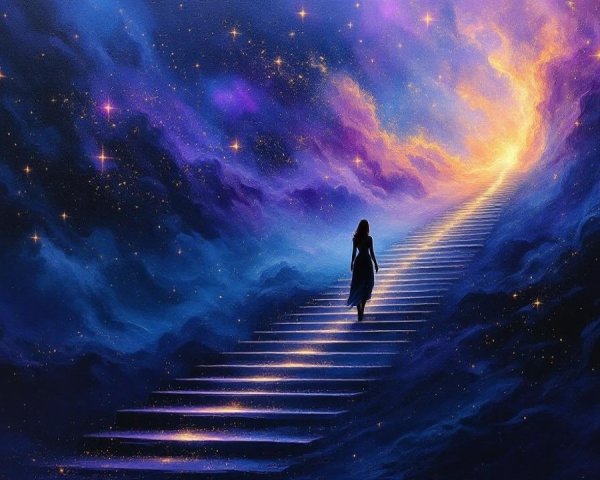 Silhouette Ascending a Luminous Cosmic Staircase