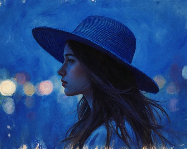 Young Woman in Straw Hat Against Dreamy Blue Backdrop