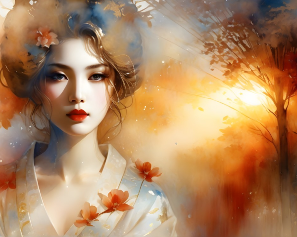 Serene portrait of a woman with blossoms and sunset hues