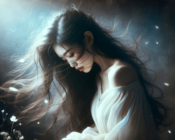 Dark-haired woman in white dress with serene backdrop