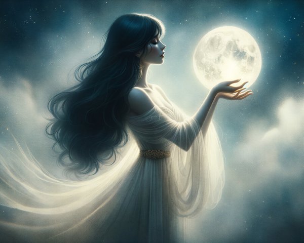 Serene figure in dreamlike atmosphere under full moon