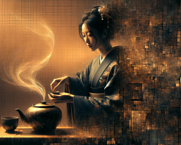 Serene figure preparing tea in warm abstract setting