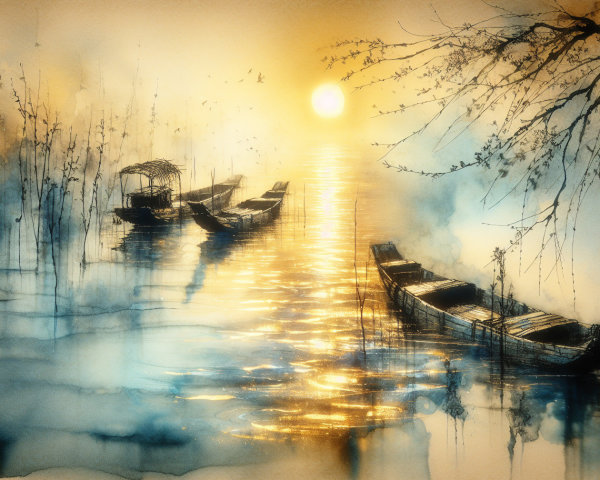 Serene Watercolor of Boats on a Sunset River